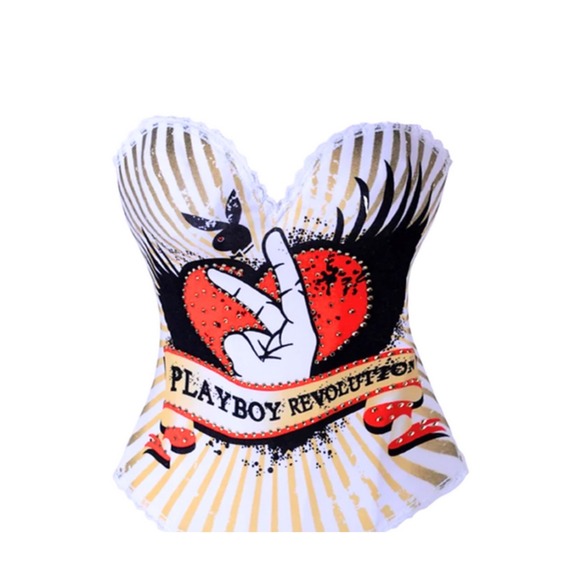 Playboy Revolution Corset Top XL Peace Sign Heart Lace Trim Striped Bustier - Picture 1 of 8